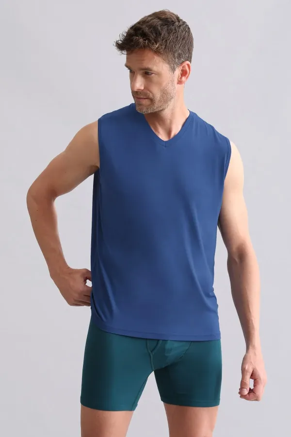 Débardeur/T-shirt de sport bleu marine à col en V, coupe classique, en bambou égyptien ZEUS