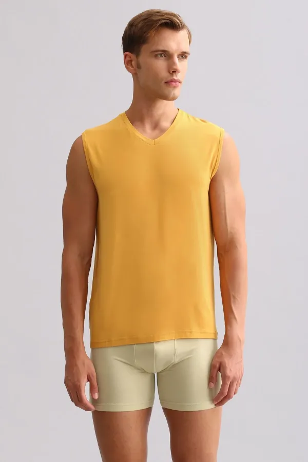 Mısırlı ORGANIC Pamuklu ZEUS LUXURY Regular Fit V Yaka Sporcu Atlet / T-Shirt Hardal