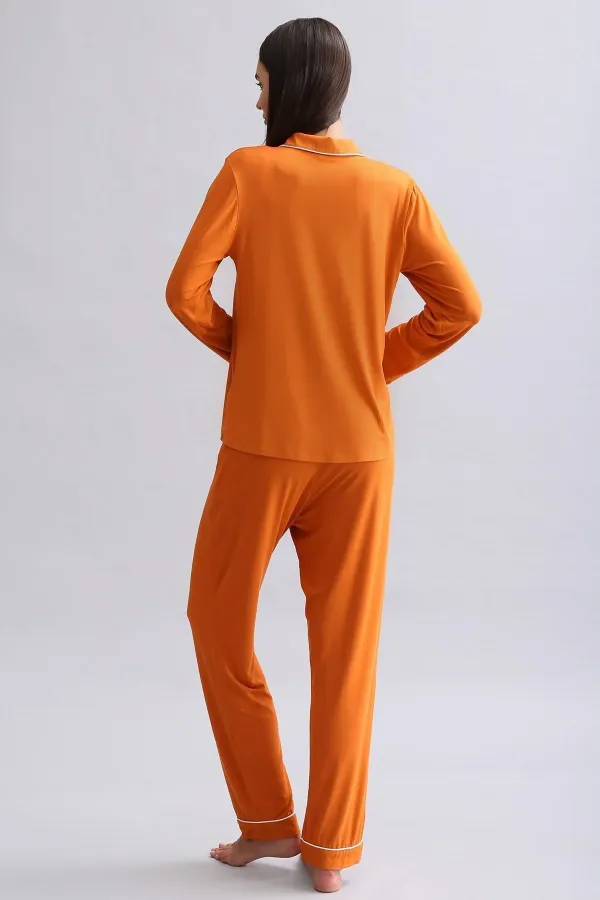 Mısırlı Kadın Modal Uzun Kollu Gömlek Pas Kırmızı