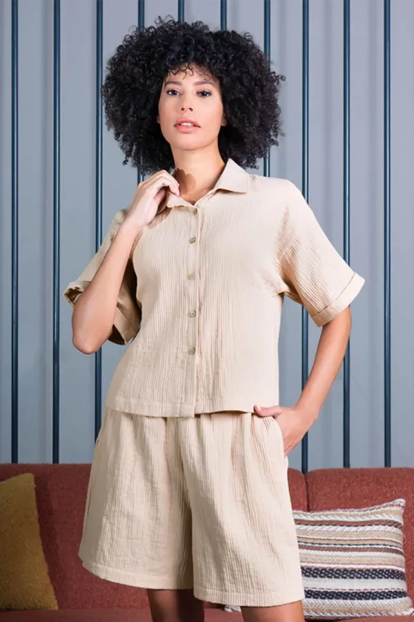 Mısırlı Kadın Pamuklu Kısa Kollu Şort Takımı Bej