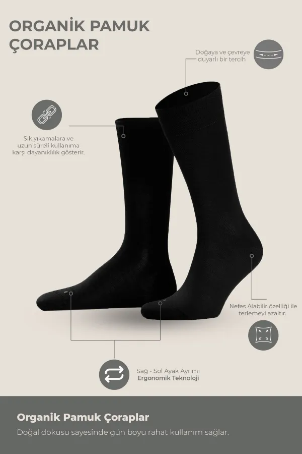 Erkek Organik Pamuklu Kışlık 4 Çift Soket Çorap Siyah