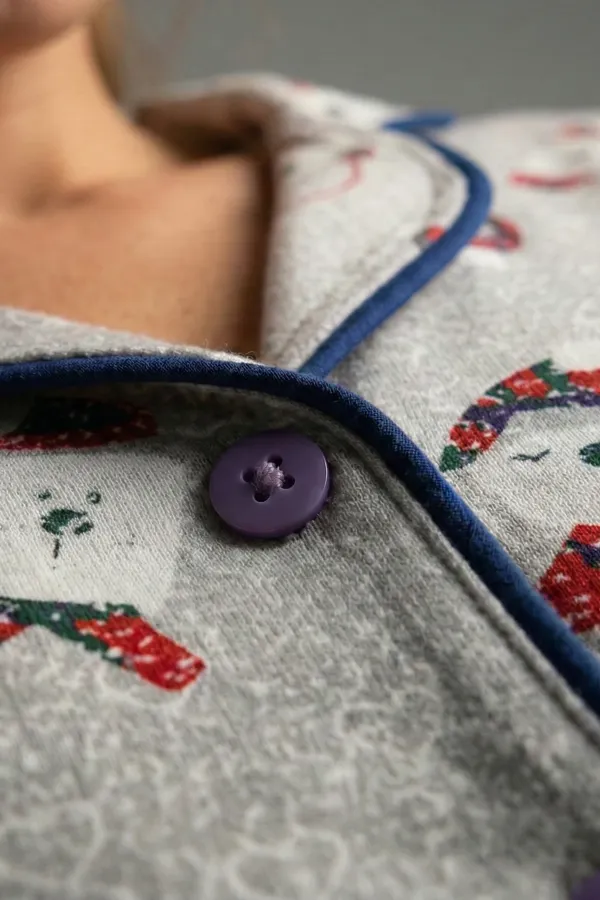 Mısırlı Kış Temalı Kadın Pijama Takımı Gri Melanj