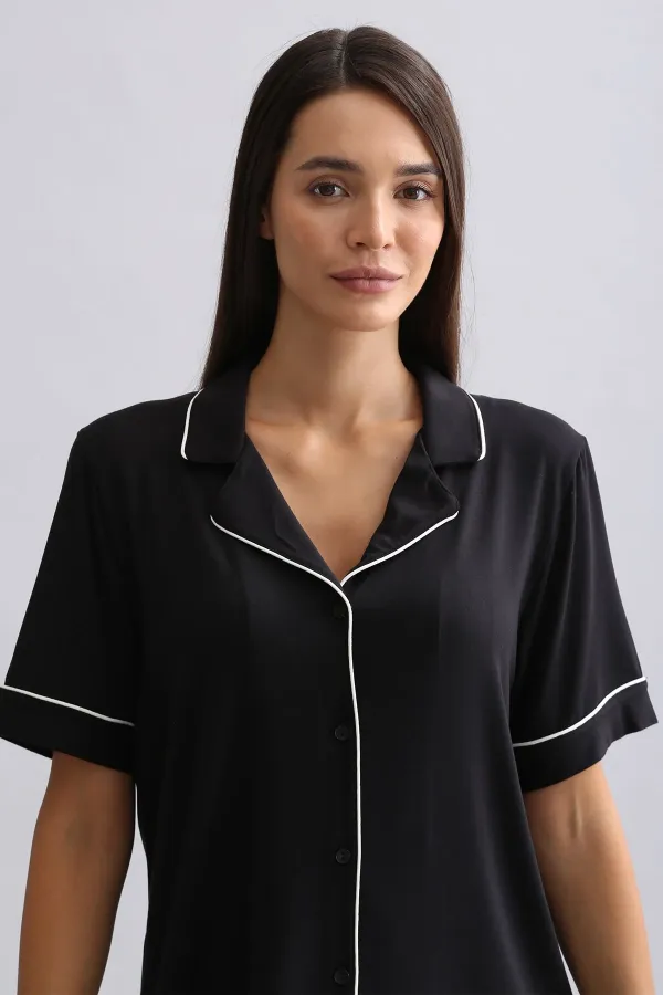 Mısırlı Kadın Bambu Kısa Kol Gömlek Siyah