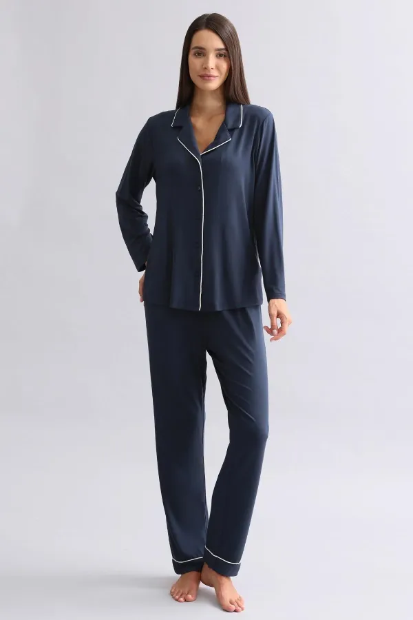 Mısırlı Kadın Modal Uzun Kollu Gömlek Gece Mavisi