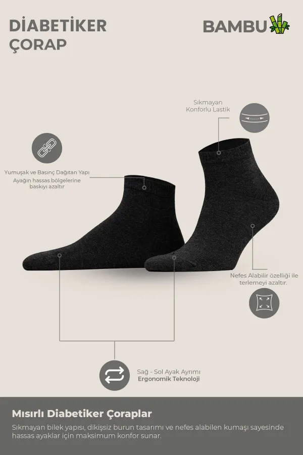 Unisex Bambu Diyabetik Sneaker Çorap Antrasit