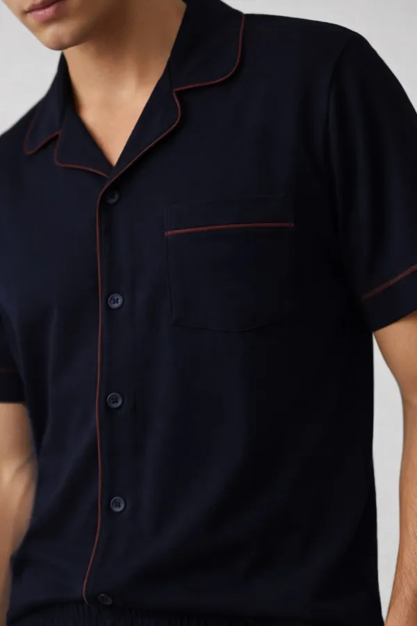 Egyptian Men's Cotton Shirt Pajama Set with Piping Detail, Navy Blue