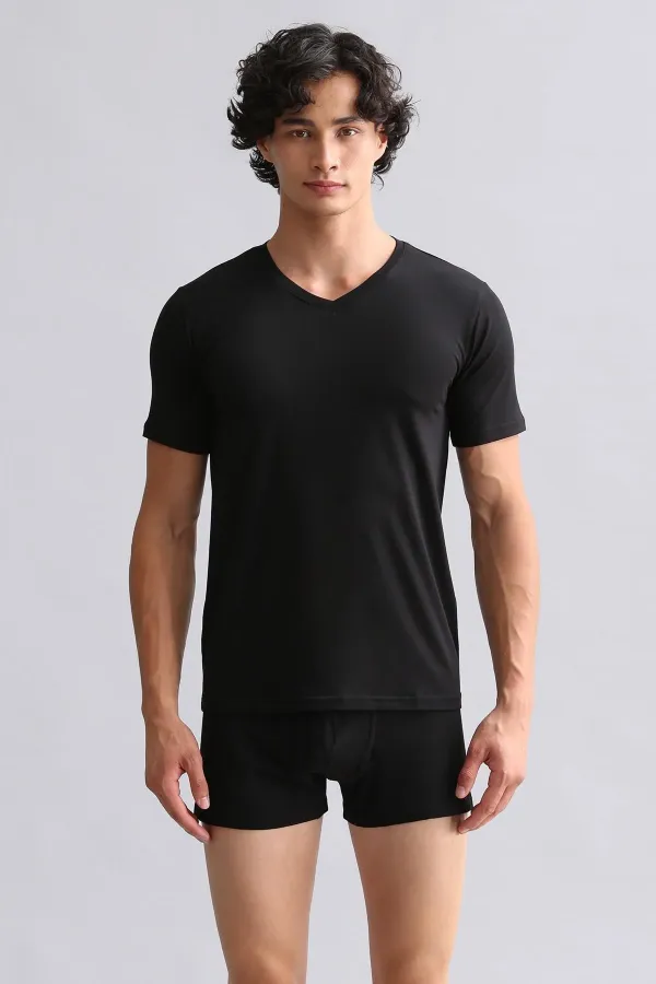 Mısırlı Modal By TENCEL HERCULES Slim Fit V Yaka Fanila / T-Shirt Siyah