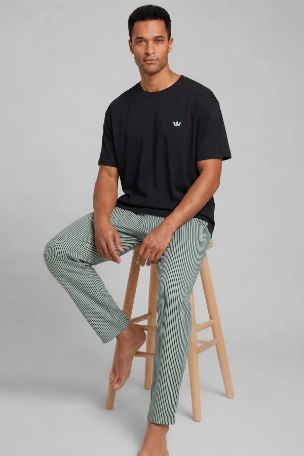 Egyptian Men's Cotton Striped Pajama Set Black-Green
