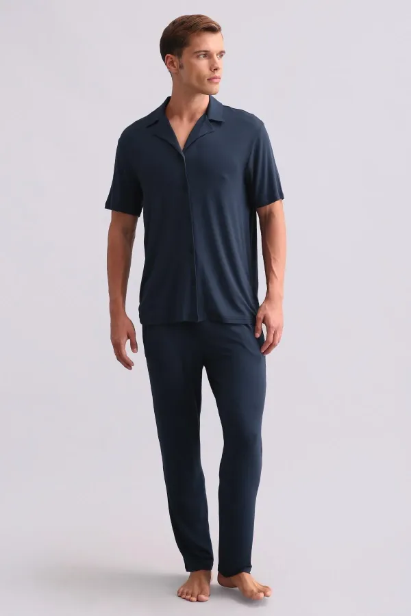 Chemise égyptienne pour homme en modal à manches courtes, bleu marine
