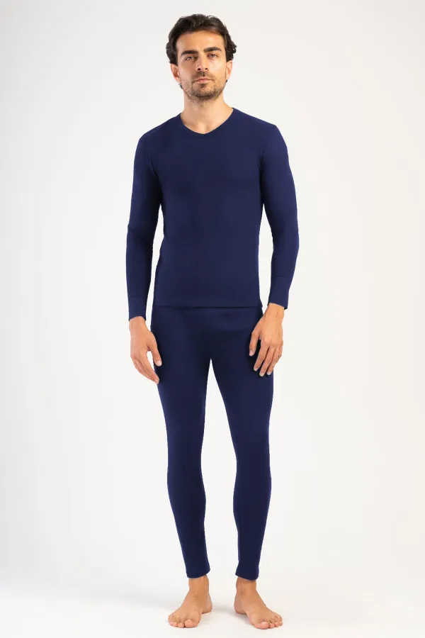 Ensemble de sous-vêtements pour homme, col en V, manches longues, bleu marine