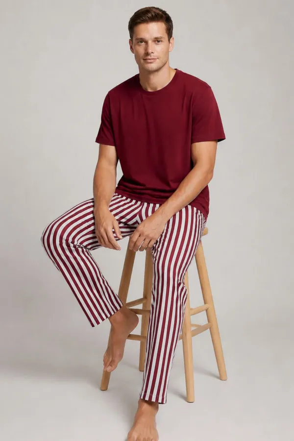 Mısırlı Erkek Pamuk Çizgili Pijama Takım Bordo