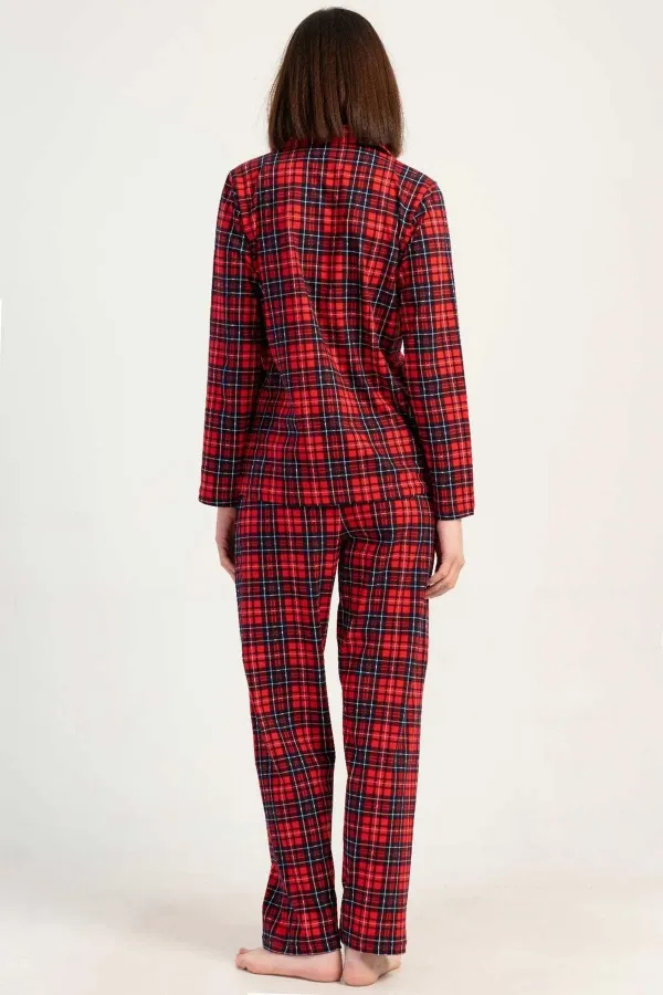 Mısırlı Kadın Pamuklu Ekoseli Uzun Kollu Gömlek Pijama Takımı Kırmızı