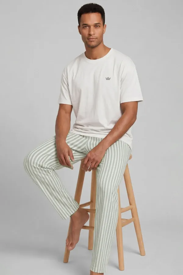Egyptian Men's Cotton Striped Pajama Set White-Aqua Green Egyptian Men's Cotton Striped Pajama Set White-Aqua Green
