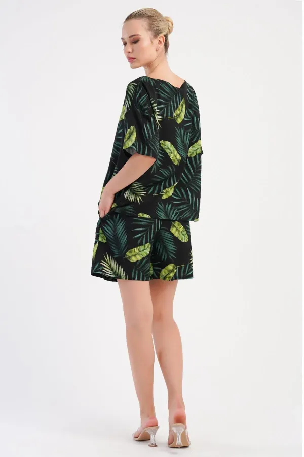 Mısırlı Kadın Viskon Desenli Şort Takım Yeşil