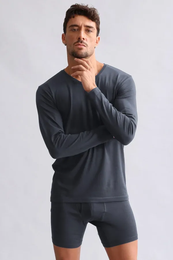 Débardeur/T-shirt à manches longues et col en V, coupe ajustée, en modal égyptien TENCEL HERCULES, couleur anthracite