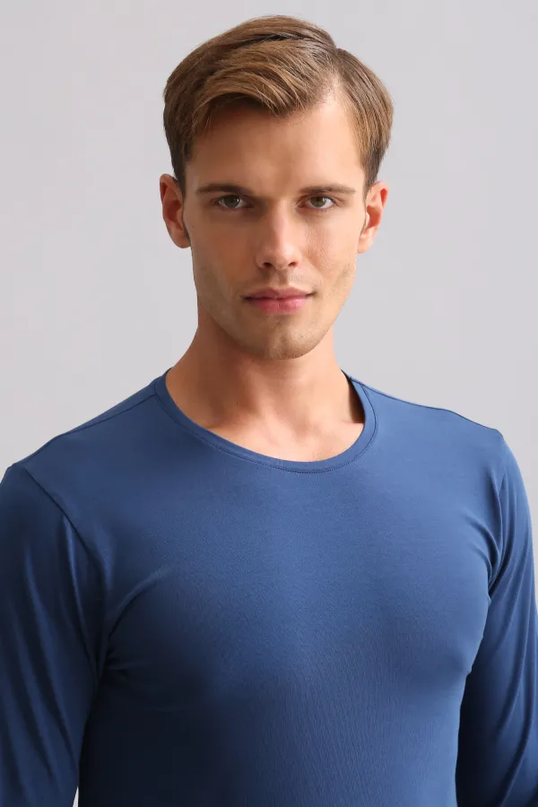 BAMBU HERCULES Slim Fit Crew Neck Long Sleeve Men's Undershirt Navy Blue