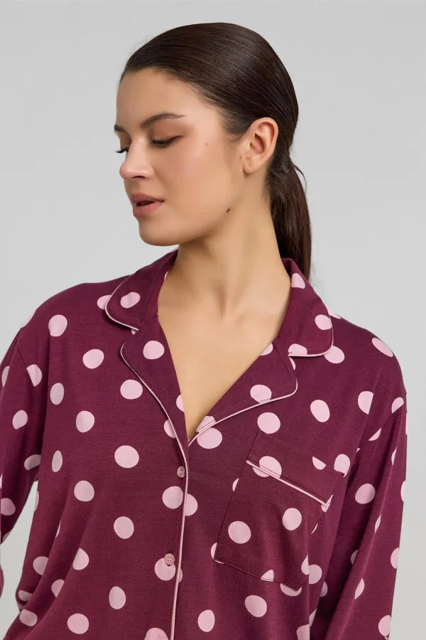 Mısırlı Women's Modal Polka Dot Pajama Set Burgundy