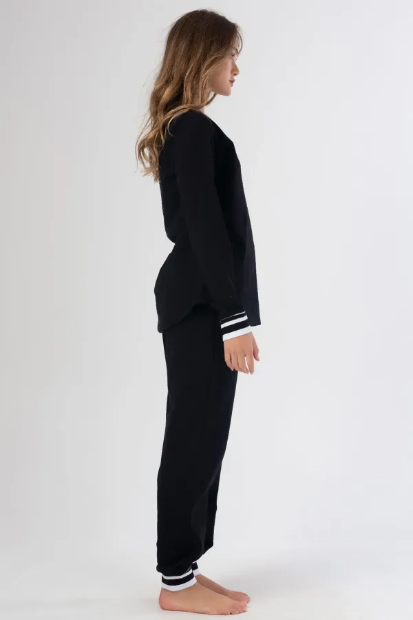Mısırlı Kadın İki İplik Sıfır Yaka Uzun Kollu Pijama Takımı Siyah