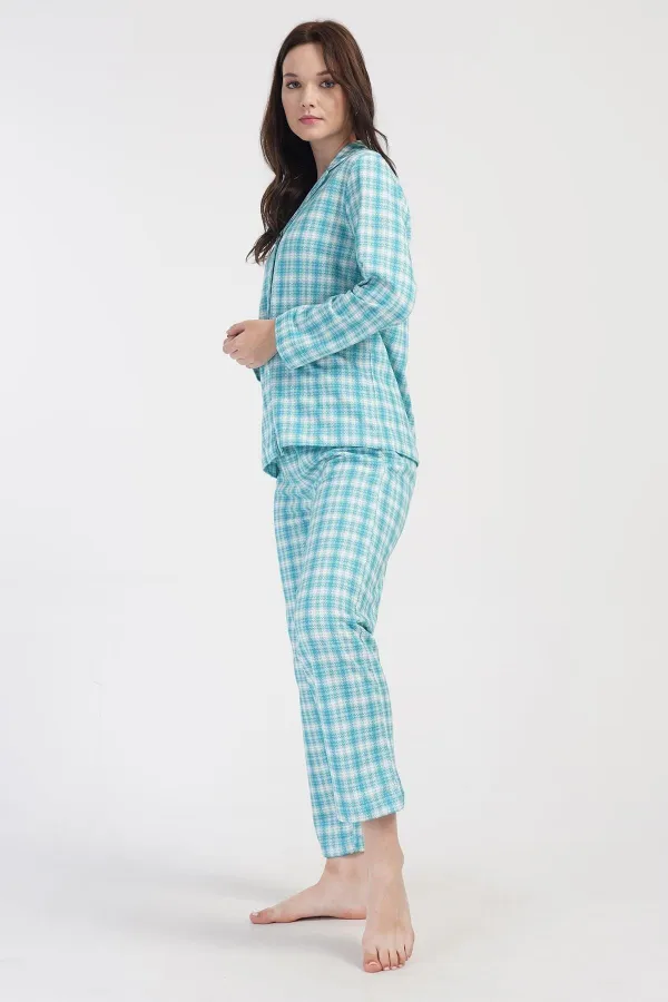 Ensemble pyjama bleu à manches longues en coton à carreaux bicolore pour femme, style égyptien