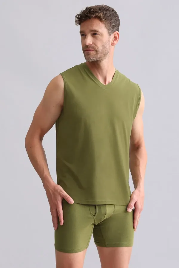 Mısırlı BAMBU ZEUS Regular Fit V Yaka Sporcu Atlet / T-Shirt Haki Yeşil