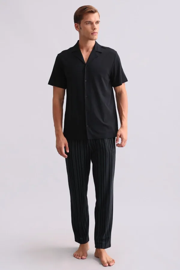 Chemise égyptienne pour homme en bambou à manches courtes noire