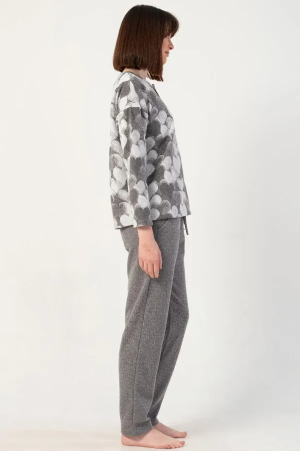 Mısırlı Kadın İnterlok Kalp Desenli Uzun Kollu Pijama Takımı Gri Melanj