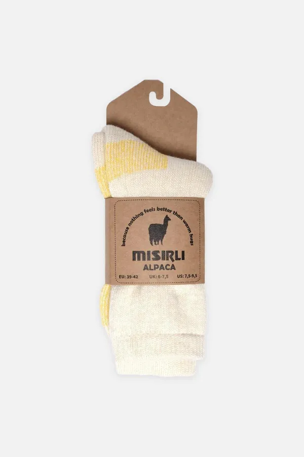 Mısırlı Unisex Alpaka Yünü Havlu Kışlık Soket Çorap Ekru/Sarı