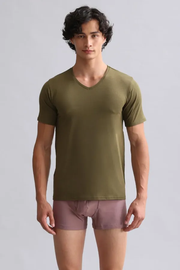 Mısırlı Modal By TENCEL HERCULES Slim Fit V Yaka Fanila / T-Shirt Koyu Haki