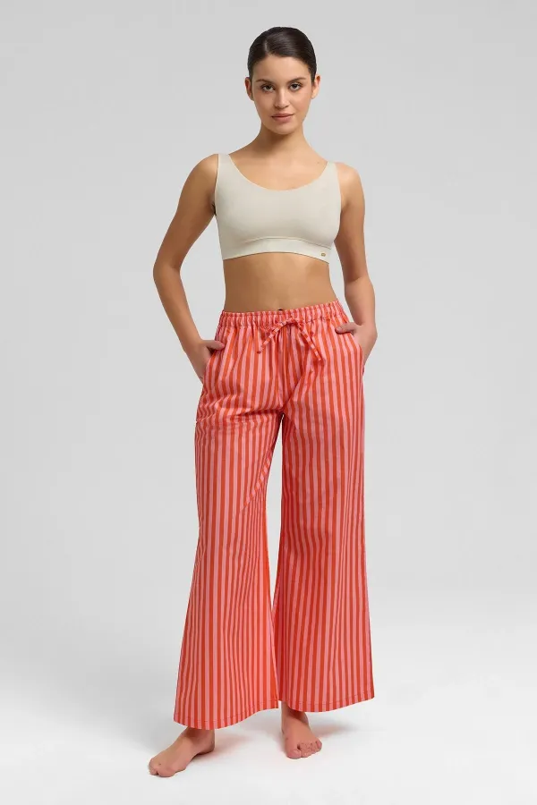 Mısırlı Kadın Pamuklu Poplin Çizgili Pijama Altı / Pantolon Turuncu-Pembe