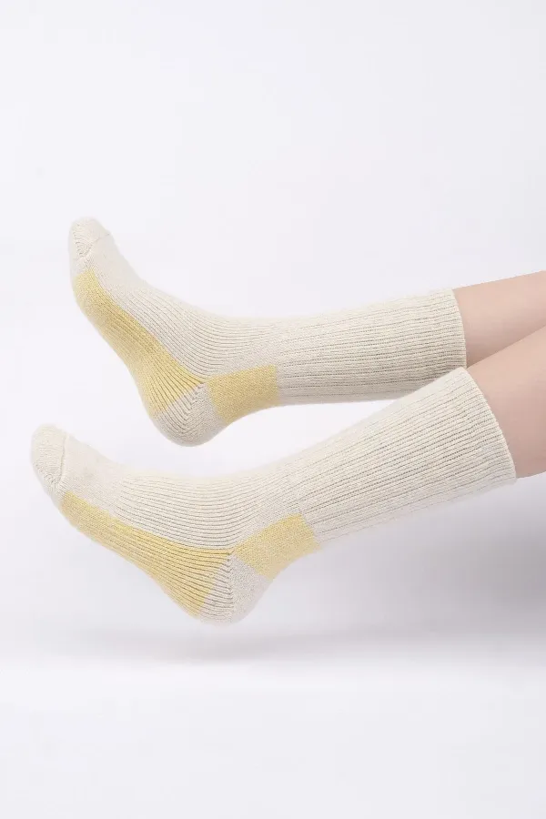 Mısırlı Unisex Alpaka Yünü Havlu Kışlık Soket Çorap Ekru/Sarı