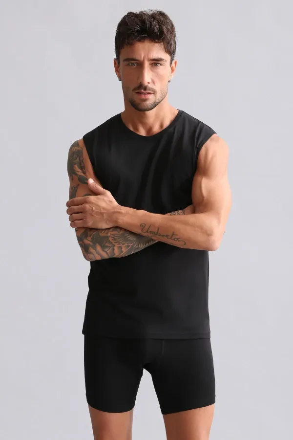 Débardeur/T-shirt de sport noir à col rond, coupe ajustée, en modal égyptien TENCEL HERCULES