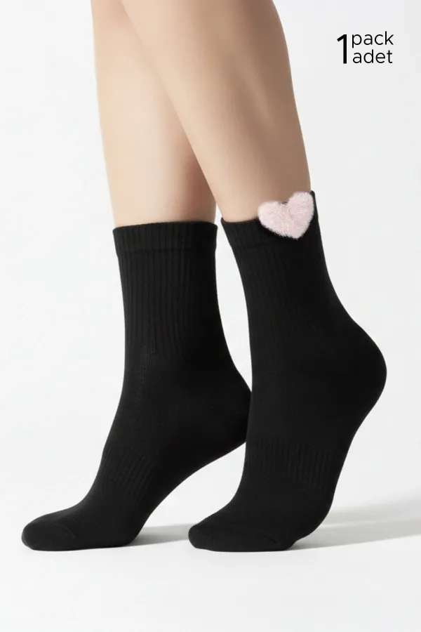 Kadın Pamuklu Kalpli 4 Çift Kısa Konç Çorap Siyah