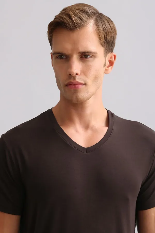 Mısırlı ORGANIC Pamuklu ZEUS LUXURY Regular Fit V Yaka Fanila / T-Shirt Kahverengi