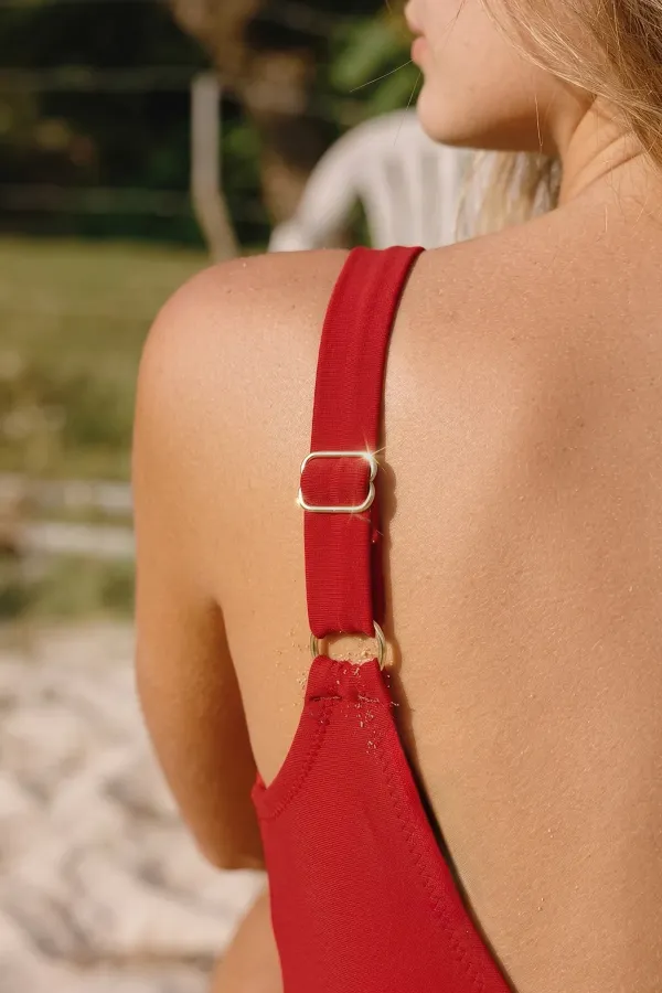 Egyptian Thin Strapped Ribbed V-Neck Swimsuit Red Egyptian Thin Strapped Ribbed V-Neck Swimsuit Red