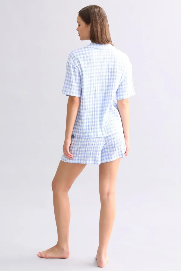 Mısırlı Kadın Pamuk Ekoseli Gömlek Şort Takım Açık Mavi