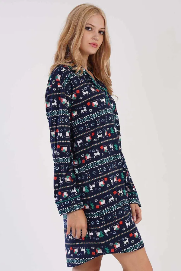 Women's Cotton Long-Sleeve Shirt Dress Indigo