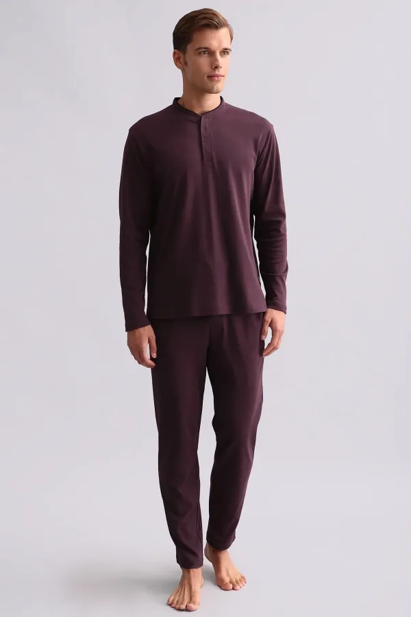 Mısırlı Men's Cotton Long-Sleeve Mandarin Collar Pajama Set Burgundy