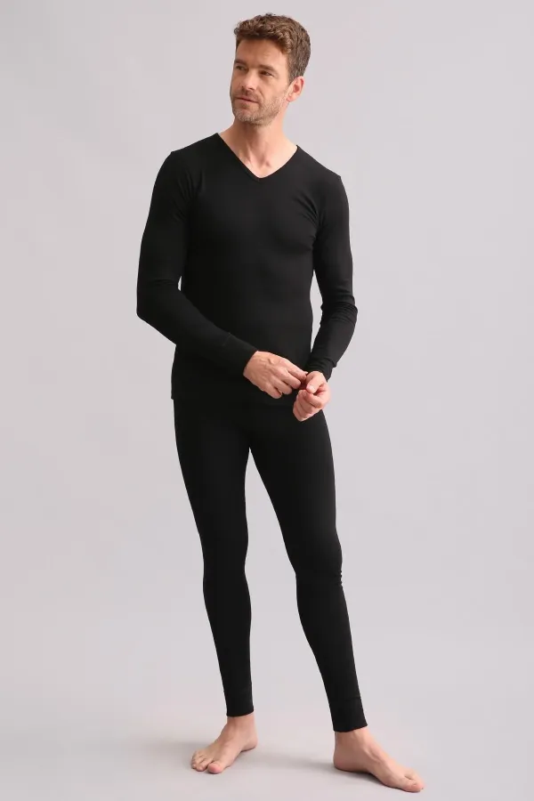 Sous-vêtement thermique en bambou égyptien à col en V et manches longues, noir