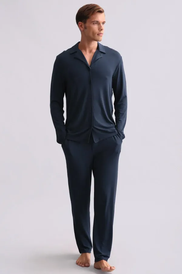 Chemise égyptienne à manches longues en modal, bleu marine