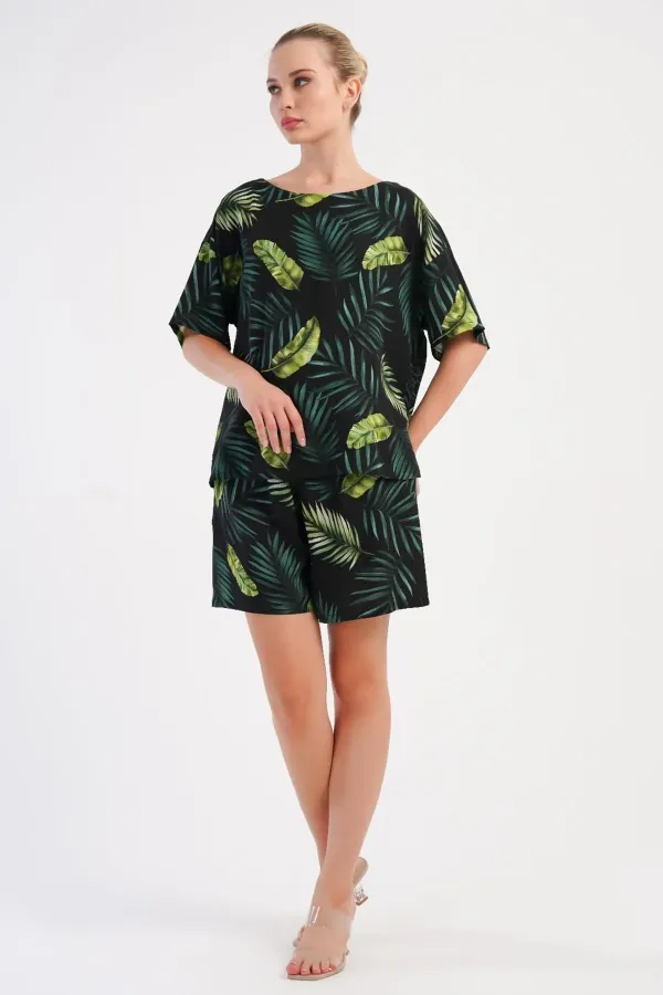 Mısırlı Kadın Viskon Desenli Şort Takım Yeşil