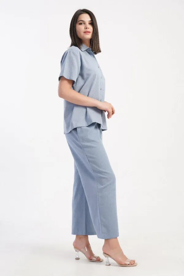 Mısırlı Kadın Pamuklu Dokuma Kısa Kollu Gömlek Takım Açık Mavi