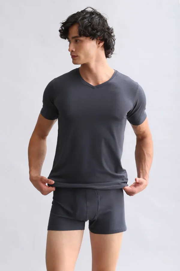 Débardeur/T-shirt égyptien BAMBOU HERCULES coupe ajustée col V anthracite