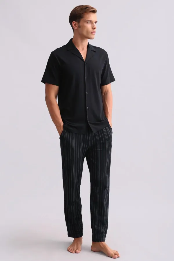 Chemise égyptienne pour homme en bambou à manches courtes noire