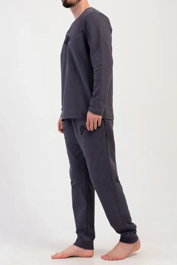 Mısırlı Erkek İki İplik Bisiklet Yaka Uzun Kollu Pijama Takımı Lacivert