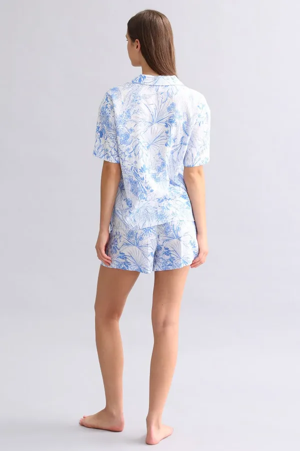 Mısırlı Kadın Pamuk Gömlek Şort Takım Mavi