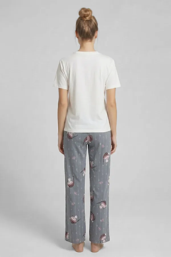 Mısırlı Kadın Pamuklu Pijama Takım Gri/Beyaz