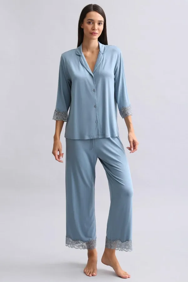 Mısırlı Kadın Bambu Pijama Takımı Petrol Mavisi