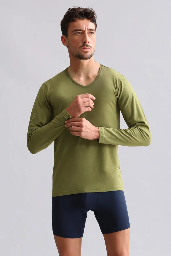Mısırlı Modal By TENCEL HERCULES Slim Fit V-Neck Long-Sleeve Undershirt/T-Shirt Khaki
