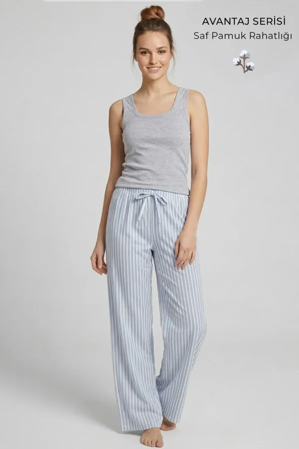 Ensemble pyjama rayé en coton pour femme, gris/bleu, style égyptien Ensemble pyjama rayé en coton pour femme, gris/bleu, style égyptien