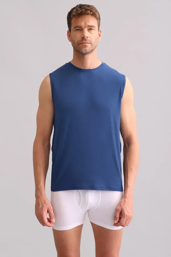 Débardeur/T-shirt de sport bleu marine à col rond, coupe classique, en bambou égyptien ZEUS